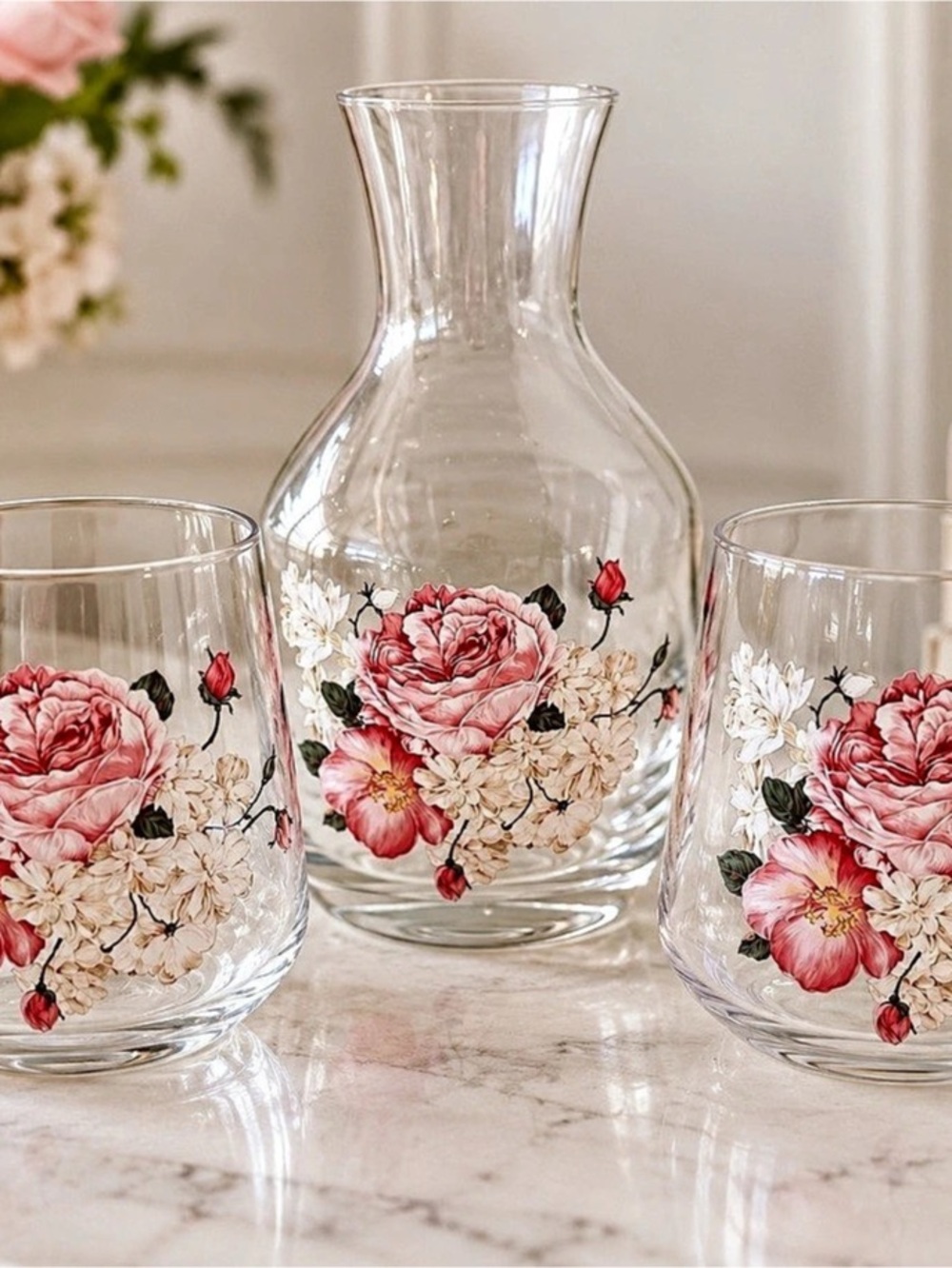 Floral Glass Drinkware Set Clear & Pink